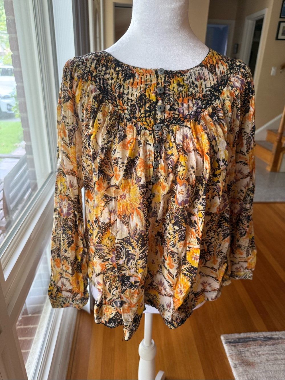 Free People Yellow Black Floral Peasant Blouse with Button Yoke